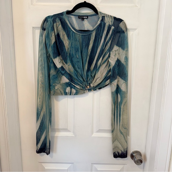 Fashion Nova Teal and Navy Patterned Crop Top - Picture 5 of 14